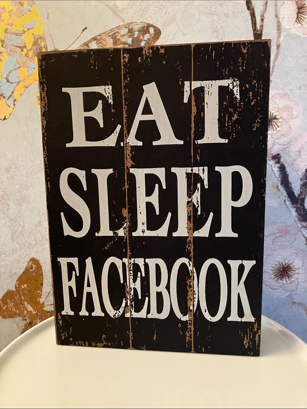Reversible Wooden Box Sign: Eat Sleep Facebook & Care Bear Puzzle Rainbow Day
